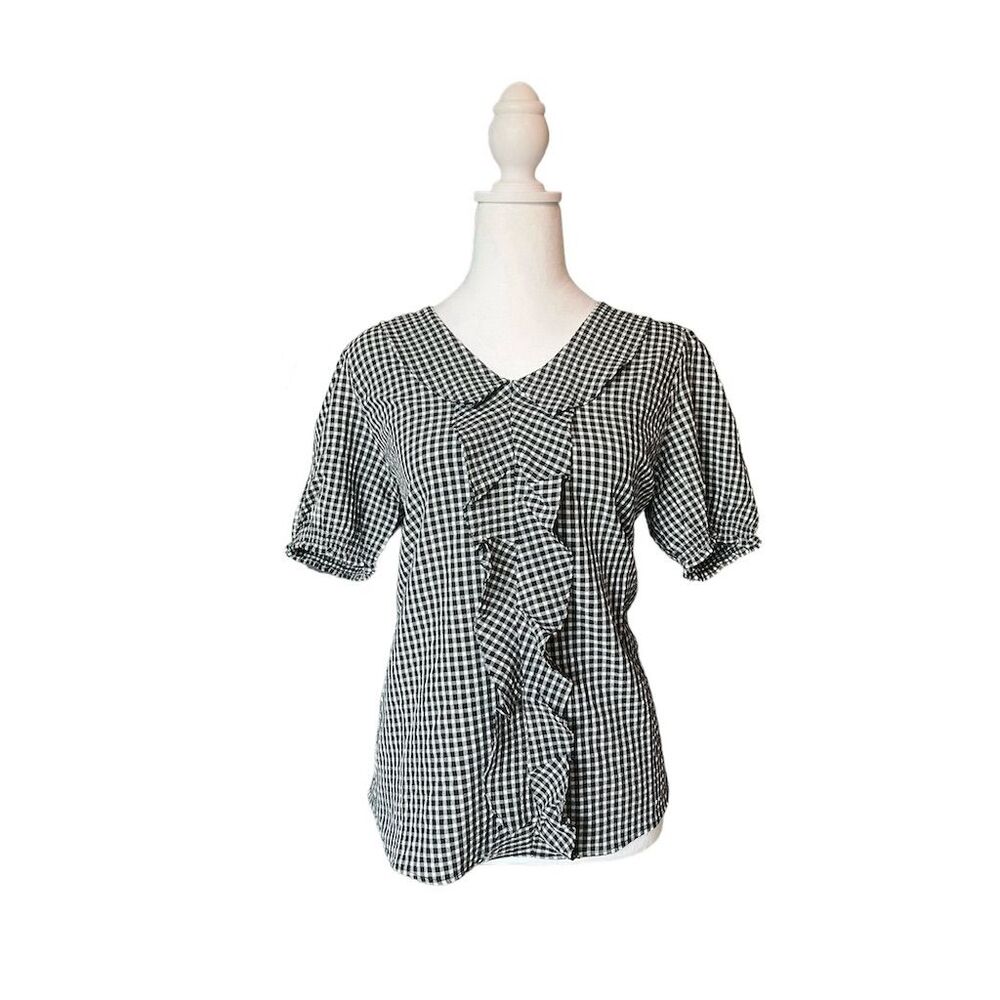 Cato Women's Gingham Ruffled Blouse Black/White Size M Short Sleeve V-Neck